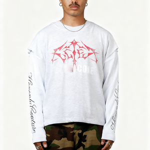 Nuevo último diseño logotipo personalizado Sun Faded ácido lavado doble capa manga larga diseño de moda hombres camiseta de gran tamaño - Product Image 2