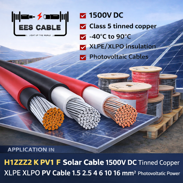 H1Z2Z2-K PV1-F Solar Cable 1500V DC Tinned Copper XLPE XLPO PV Cable 4mm2  6mm2  10mm2  16mm2 Photovoltaic Power Cable