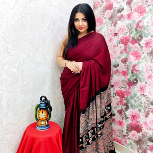 Sari en soie rouge dessiné à la main pour femme, traditionnel indien pakistanais, longueur ras du sol, ethnique, coupe classique, toutes saisons - Product Image 1