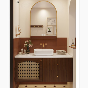Natural wood natural style curved <b>mirror</b> cabinet ceramic integrated basin cabinet door with rattan design bathroom cabinet - Product Image 1