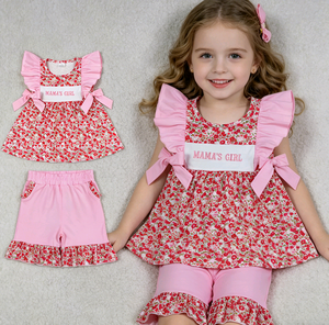 RTS Summer MAMA'S <b>MINI</b> MAMA'S GIRL Flower <b>Print</b> Cotton Spandex Ruffles Little Girls Shorts Outfits Cute Kids Clothing Sets - Product Image 3