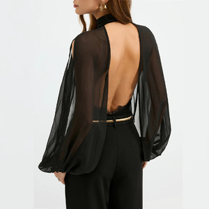 Elegante Blusa Negra Transparente con Manga Transparente, Cuello Alto, Hombro Descubierto y Diseño <span class=keywords><strong>de</strong></span> Espalda Abierta <span class=keywords><strong>para</strong></span> Elegancia Nocturna y Glamour <span class=keywords><strong>de</strong></span> Fiesta - Product Image 3