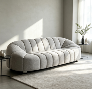 Canapé moderne en tissu bouclé trois places avec dossier capitonné incurvé et pieds en métal pour salon - Product Image 3
