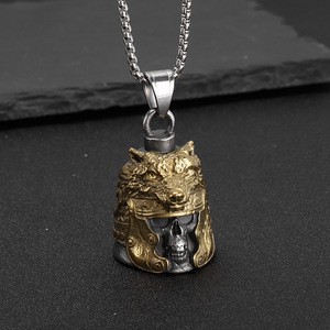 Collier pendentif cloche crâne de loup en acier inoxydable plaqué or, style vintage, bijou cadeau - Product Image 2