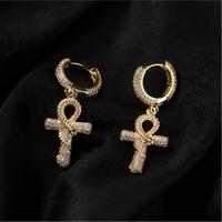 Boucles d'oreilles pendantes Hip Hop Ice Out Solid Snake Ankh Cross pour Hommes Femmes Bijoux Rapper Cadeau Plaqué Or & Platine Zircon