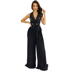 Décontracté col en V sans manches dos nu plissé jambe large femmes élégantes été mousseline de soie femmes Chic une pièce combinaisons avec pantalons longs - Product Image 3