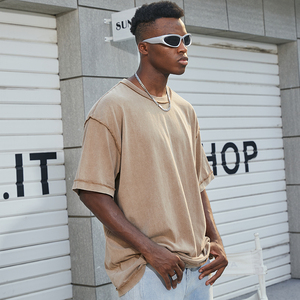 Người Đàn Ông Thời Trang Lỏng Lẻo Xếp Cắt Và May Áo Thun 100% Cotton Quá Khổ Biểu Tượng Tùy Chỉnh Rửa Cổ Điển T Áo Sơ Mi Cho Nam Giới - Product Image 3