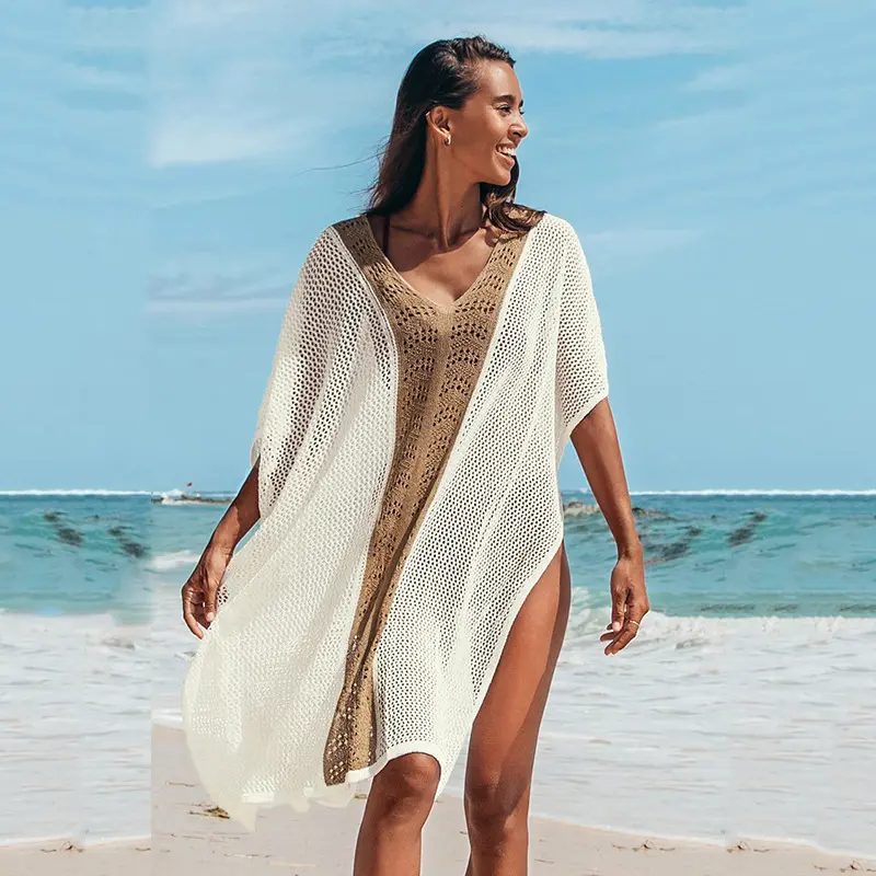 JSN9202571 2022 factory fashion women's beach sunscreen hollow-out V-neck pullover medium long bikini swimsuit with smock