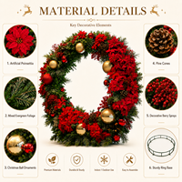 Guirlande de Noël artificielle surdimensionnée, rouge, avec poinsettias, cônes de pin et boules dorées, luxe, taille personnalisée, intérieur/extérieur, hall d'hôtel, entrée