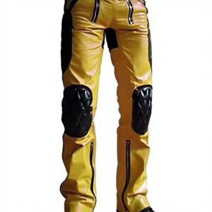 Pantalon de moto jaune pour homme avec protections aux genoux, imperméable, taille élastique, enduit PU, coupe droite robuste - Product Image 1