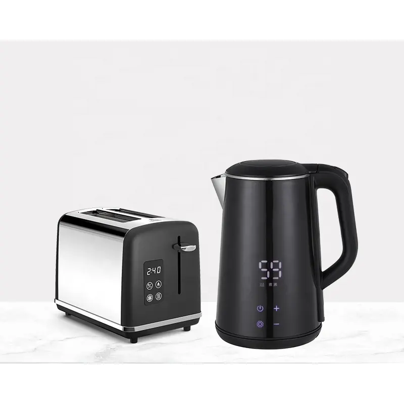 2022 New Design Electric LED Digital Touch Screen Breakfast Set 1.6L Double Wall Kettle 2 Slices Bread Toaster Set