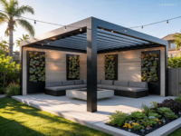 Pergola moderne en aluminium avec moustiquaire et rideau coupe-vent, toit imperméable pour jardin, patio ou cour arrière