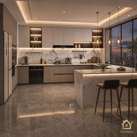 Lemari Dapur Hotel Villa Apartemen Modern Bentuk L Dua Warna Custom Laminate dengan Desain Tanpa Gagang, LED, Open Niche, Pintu HPL/HPDL 5+
