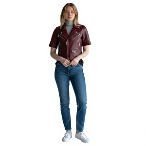 Chaqueta de motociclista de cuero genuino color borgoña para mujer, de manga corta, con cremallera asimétrica y cuello vuelto, de cuero genuino. - Product Image 1