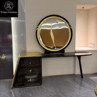 Luxuriöser Designer-Schminktisch aus Burlholz mit Schubladen & Rundem Gold-Kunstspiegel, Italienischer Stil Kosmetiktisch für Villa-Schlafzimmer