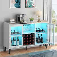 Meuble à vin et spiritueux en bois d'ingénierie moderne avec éclairage LED, design autoportant, 5+ compartiments, porte à panneau plat et porte-verres à vin