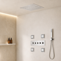 Ensemble de douche thermostatique encastré carré avec pommeau de pluie cascade, douchette à main et jets latéraux en laiton chromé pour projets hôteliers