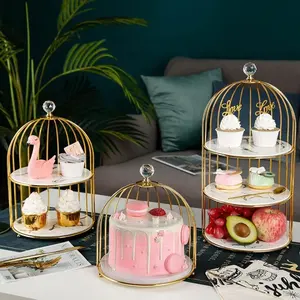 Factory supply stainless steel 3 tier dessert sweet display copper brass gold birdcage cake stand for wedding