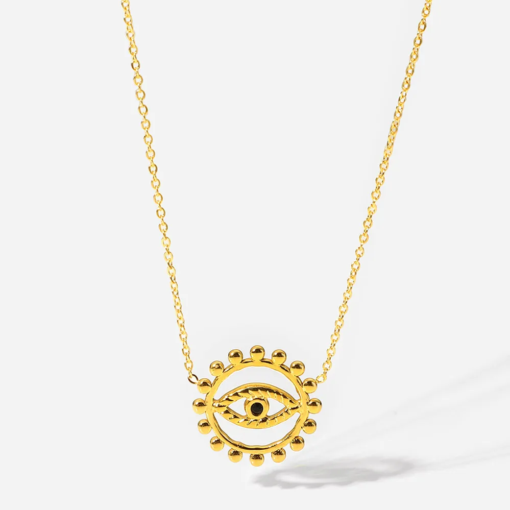 Cheap customised fashion jewelry hollow Round eye of the devil 18K gold plated stainless steel necklace