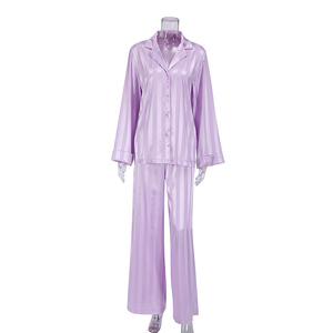 Pyjama d'été uni à rayures, manches longues, pantalon en soie tendance, ensemble deux pièces pour femme, tenue d'intérieur - Product Image 5