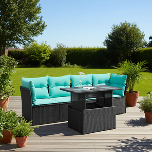 Set Divano da Esterno Moderno in Polyrattan Nero con Cuscini, 5 Posti, Arredamento da Giardino - Product Image 2