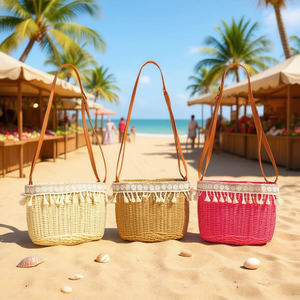 Borsa in paglia 28x18x9cm con finiture in pizzo e frange, borsa a tracolla da donna - Product Image 2