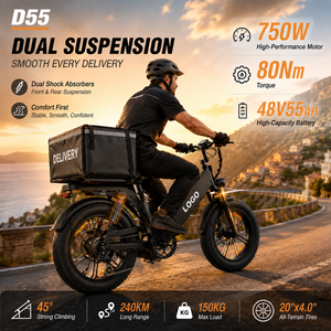 Bicicleta Eléctrica D55 750W 48V55Ah con Neumáticos Gruesos de 20 Pulgadas, E-MTB con Autonomía de 240 km, Suspensión Doble OEM, Bicicleta de Carga de Fábrica para Repartidores - Product Image 1