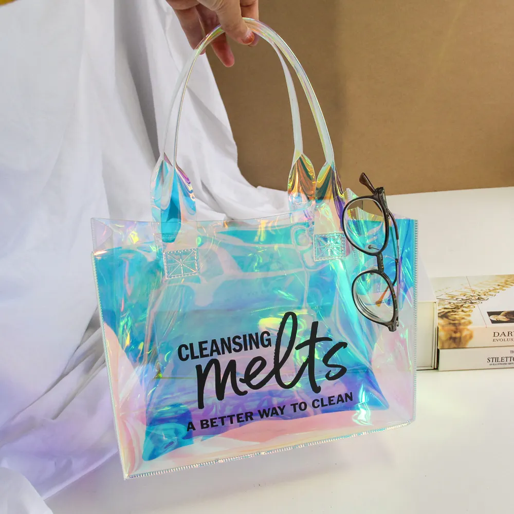 Thời Trang Phụ Nữ Rõ Ràng Mỹ Phẩm Tote Túi Không Thấm Nước PVC TPU Holographic Thạch Túi Shopper Phụ Nữ Vai Mua Sắm Túi Nhựa