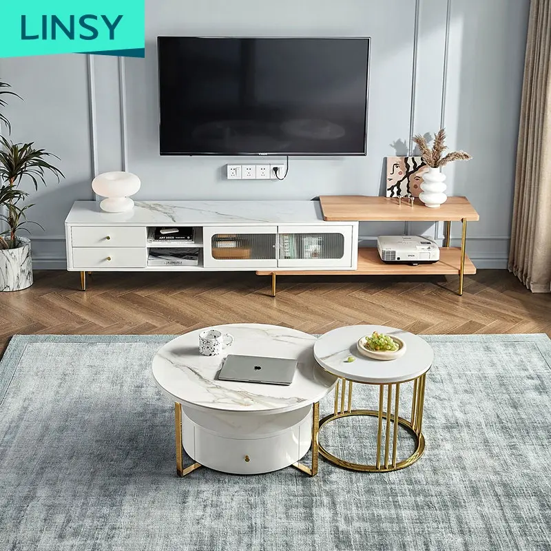 Linsy Nordic Wrought Iron White Marble Stainless Steel Base Tv Stand And Coffee Table Round Modern KR1M