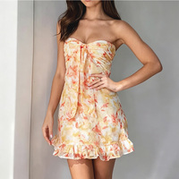 Robe Courte Élégante et Confortable à Imprimé Floral, Sans Bretelles, avec Nœud Torsadé sur le Devant et Volants pour Femme