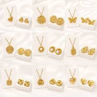 Ensemble assorti collier et boucles d'oreilles en acier inoxydable doré, motifs cœur, tournesol, papillon, perle, feuille, 9 styles, hypoallergénique, OEM