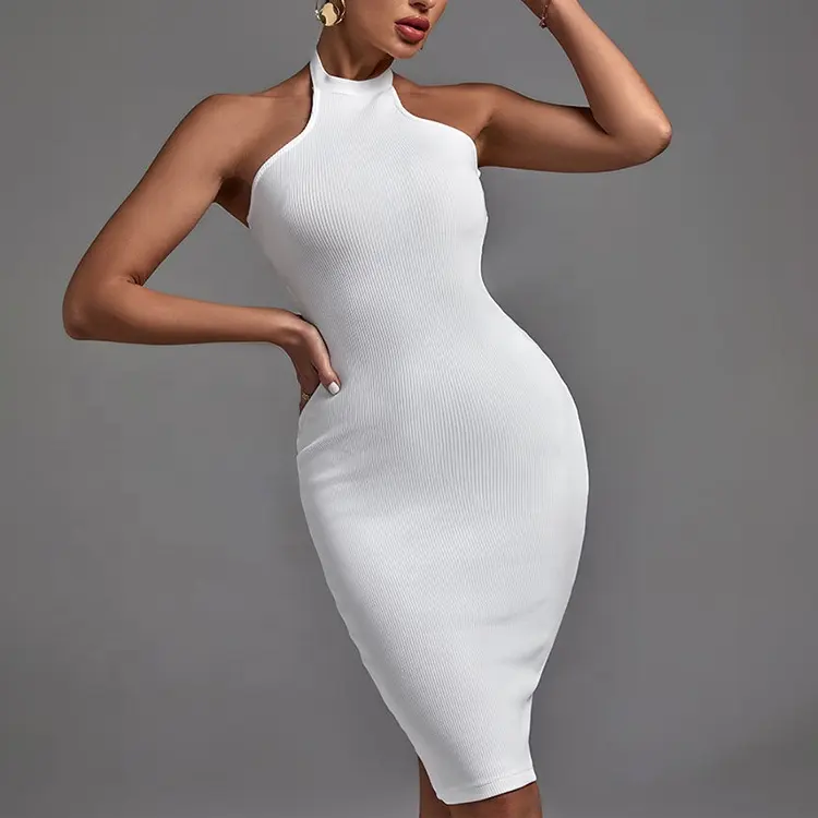 Summer knitted Ribbed Casual Midi Dress Women Bodycon Halter Sleeveless Backless Party Dresses white cocktail dresses for ladies