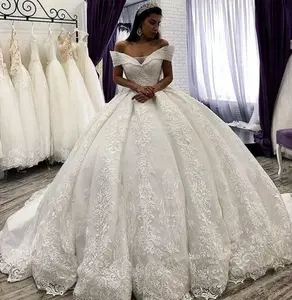 Gaun pengantin mewah seksi bahu terbuka baru kualitas tinggi gaun pengantin ekor besar gaun pernikahan klasik