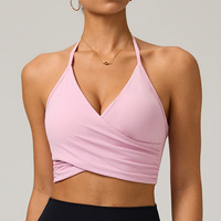 Nouvel Arrivage Soutien-gorge de Sport Halter Col en V Croisé Effet Seconde Peau Extensible dans les 4 Sens avec Coussinets Intégrés Respirant pour Femme Yoga Gym Activewear
