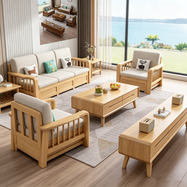 Nordic Solid Wood Fabric Sofa Set 1+1+3 Seater Storage Couch With Coffee Table TV Cabinet for Apartment Living Room