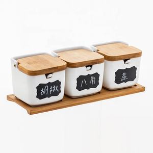 Ceramic Kitchen Seasoning Pot with Wooden Lid Condiment Storage for Salt Pepper Spice Sugar Jar - Product Image 1