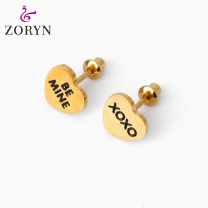 316L Stainless Steel PVD 18K Gold Plated Screw <b>Back</b> Stud <b>Earrings</b> Heart Engraved Letter Hypoallergenic Minimalist for Women - Product Image 1