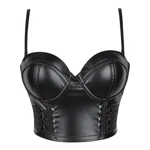 Steampunk Black PU Leather Zipper Push Up Bralet Sexy Women Bustier Gothic Punk Bra Lingerie Night Club Party Cropped Top Vest