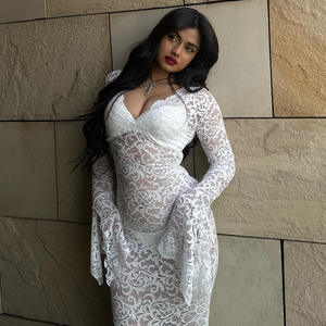 فساتين حفلات للنساء، تصميم أنيق وجذاب بأكمام طويلة من الدانتيل، ياقة على شكل V، فستان ضيق طويل وأنيق للسيدات - Product Image 3