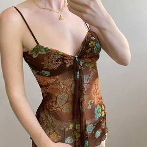 Women Retro Abstract Print Mesh Camisole <b>Tie</b> Up Sleeveless Tank Top Y2K Vintage Summer Ladies Cami - Product Image 2