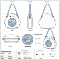 Sac à dos Ita personnalisé en forme de nuage fantaisie, avec épingles en émail étoiles arc-en-ciel scintillantes et gouttes de pluie souriantes, thème ciel rêveur, sac à bandoulière