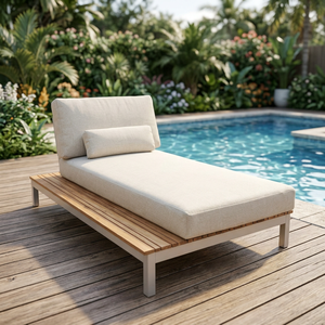 Lit de repos minimaliste d'extérieur avec cadre en bois et coussins beiges, dossier solide pour utilisation sur sol dur, mobilier d'extérieur - Product Image 3