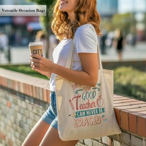 "El impacto de un buen profesor <span class=keywords><strong>nunca</strong></span> se puede borrar" Bolsa de lona con estampado, bolso de hombro reutilizable de gran capacidad, regalos para el día del maestro - Product Image 4