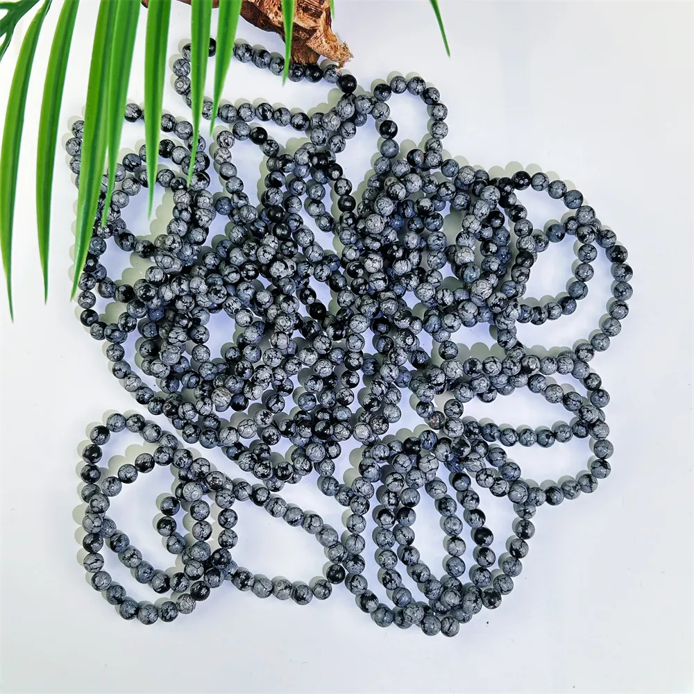 Wholesale price 8mm round beads crystal healing stone polishing snowflake black obsidian bracelet jewelry for gift meditation