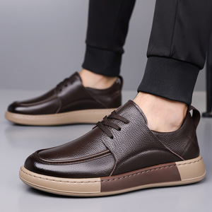 Chaussures habillées décontractées pour hommes en cuir véritable à bout rond, à lacets, respirantes, pour le bureau, avec semelle extérieure en caoutchouc et semelle souple - Product Image 2