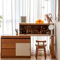 Ensemble coiffeuse en bois massif avec miroir rond et tabouret, table de maquillage nordique pour chambre à coucher avec étagère ouverte
