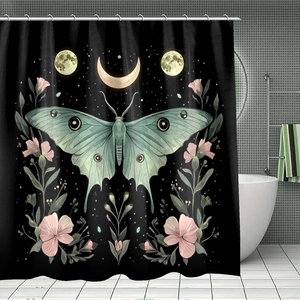 Cortina de ducha de Luna Floral Retro moderna noche polilla PEVA vinilo impermeable pesado a prueba de herrumbre Metal ojal encabezado poliéster duradero - Product Image 3