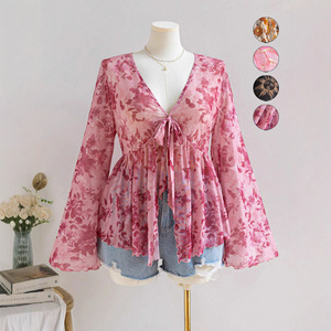 Women's Floral Print Tie Front Blouse - V-Neck Sleeve Peplum <b>Top</b> Shirt Fashion - Product Image 1