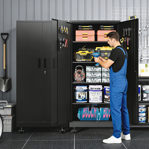Armoire de garage roulante robuste de 71 pouces avec serrure, rangement en métal noir avec 5 étagères et panneau perforé pour atelier, sous-sol, buanderie - Product Image 3