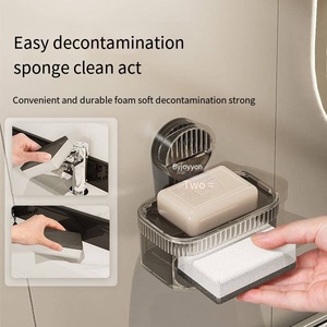 Support mural épaissi à <span class=keywords><strong>ventouse</strong></span> sans perçage pour salle de bain, double porte-<span class=keywords><strong>savon</strong></span>, tapis éponge drainant et boîte de rangement - Product Image 2